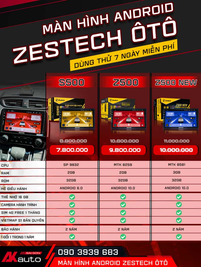 So sánh màn hình Zestech S500 Z500 Z500 New