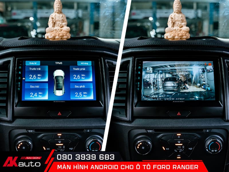 Màn hình android ô tô Ford Ranger hiển thị camera hành trình, cảm biến áp suất lốp