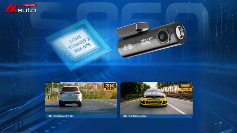 Camera hành trình Vietmap S860 ghi hình toàn cảnh cả trước và sau xe