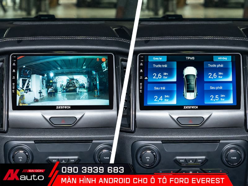 Màn hình ô tô Ford Everest hiển thị tích hợp camera và áp suất lốp