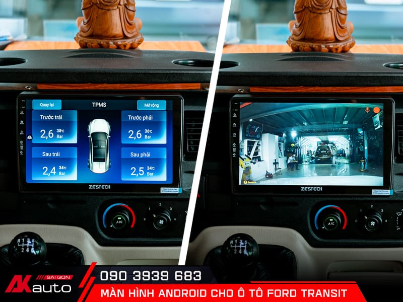 Màn hình ô tô Ford Transit hiển thị hình ảnh camera 360