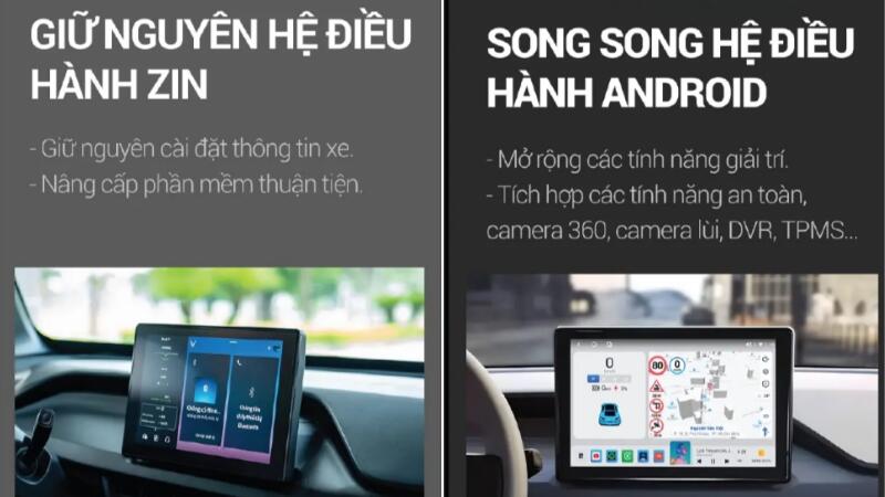 MHU Android cho xe VF3 chạy song song 2 hệ điều hành