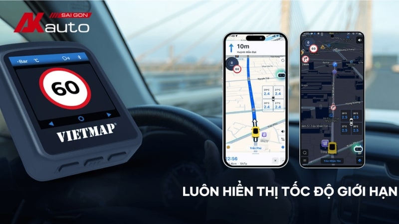 Cảm biến áp suất lốp Vietmap TW50 luôn hiển thị tốc độ giới hạn