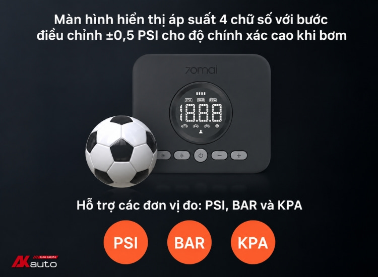 Bơm lốp 70mai TP07 trang bị màn hình kỹ thuật số, hiển thị áp suất chính xác
